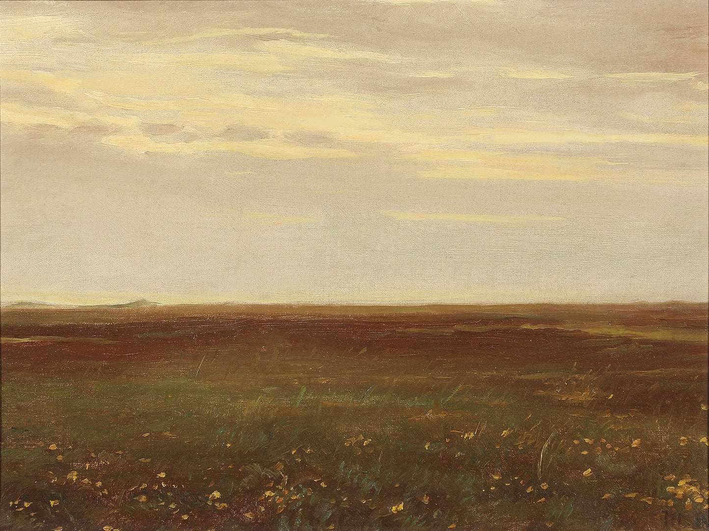 Oil painting of Landskab med Markblomster by Michael Ancher, featuring a wide flat Danish heath stretching to a distant horizon under a vast pale sky with yellow wildflowers in the foreground grass.