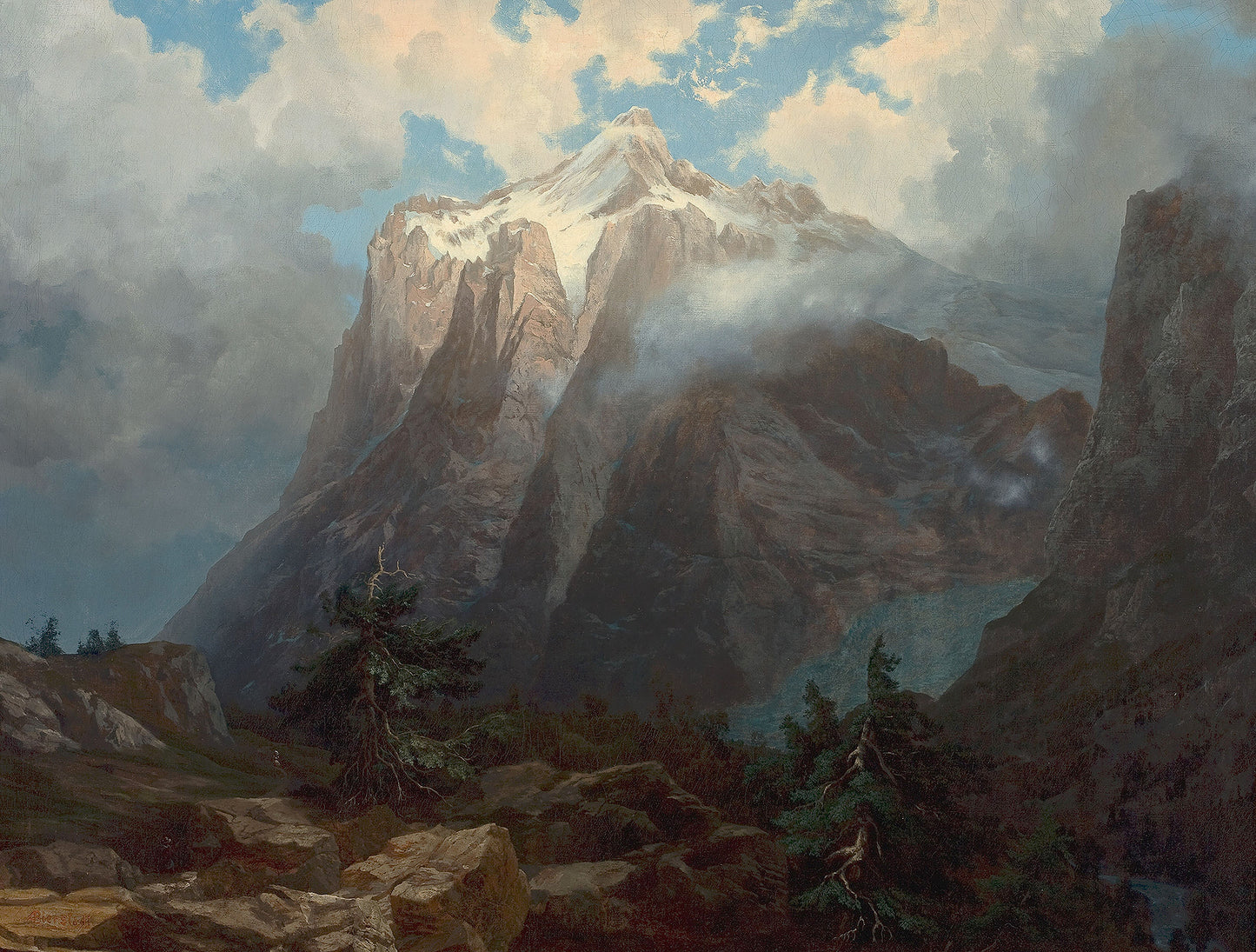 Oil painting of Mount Brewer from King's River Canyon by Albert Bierstadt, featuring the sheer granite peak of Mount Brewer emerging through dramatic clouds above large boulders and wind-twisted conifers.