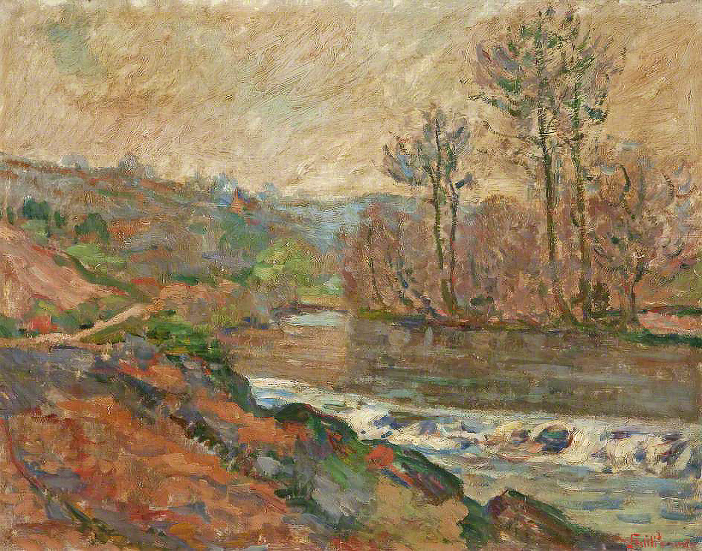 Oil painting of La Creuse à Genetin by Armand Guillaumin, featuring a broad valley with a winding river, russet hillsides, and green trees under a soft warm sky.
