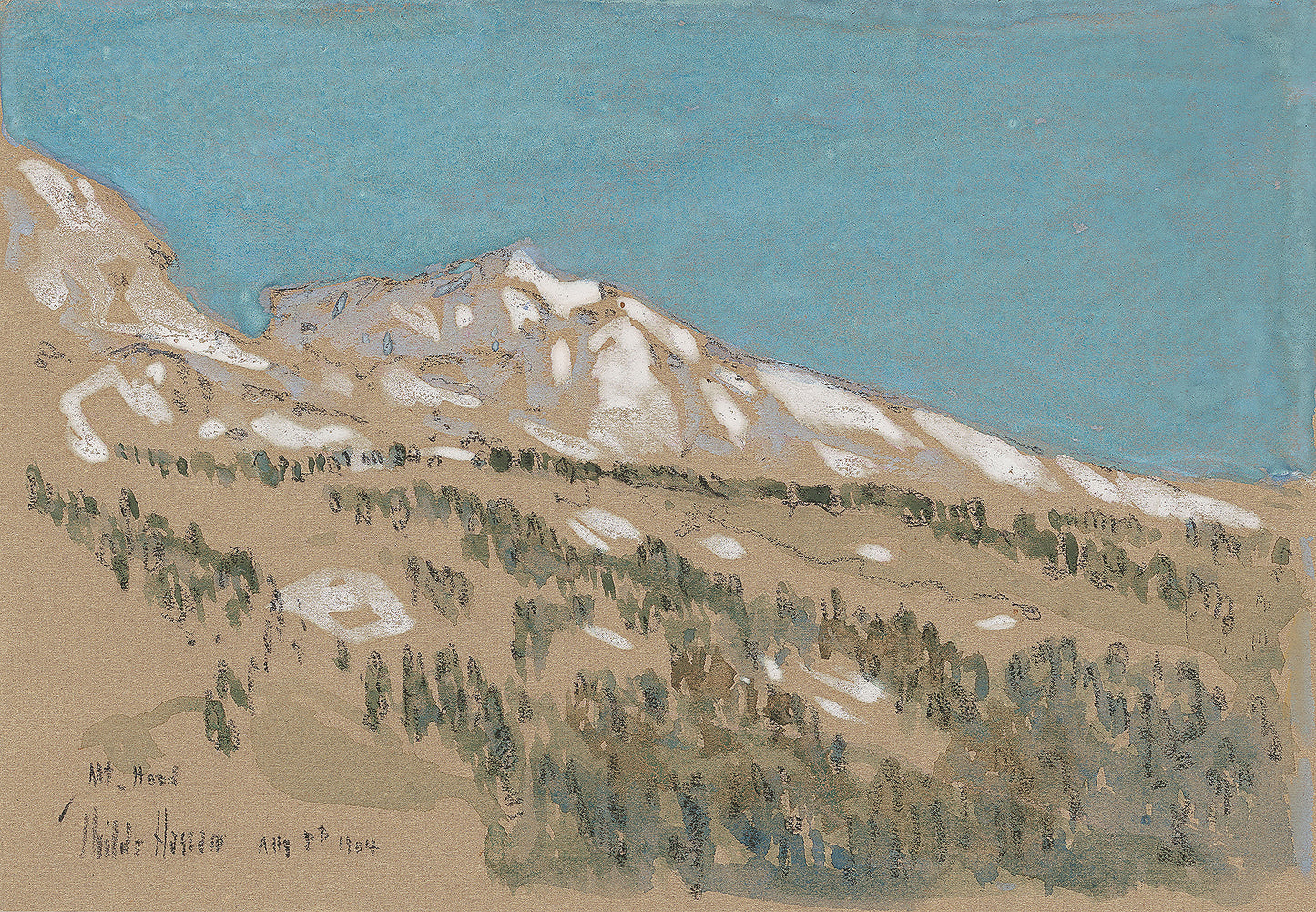 Pastel of Mount Hood, Oregon by Childe Hassam, featuring the snow-patched upper slopes of Mount Hood rising above dark conifer forest against a clear blue sky.