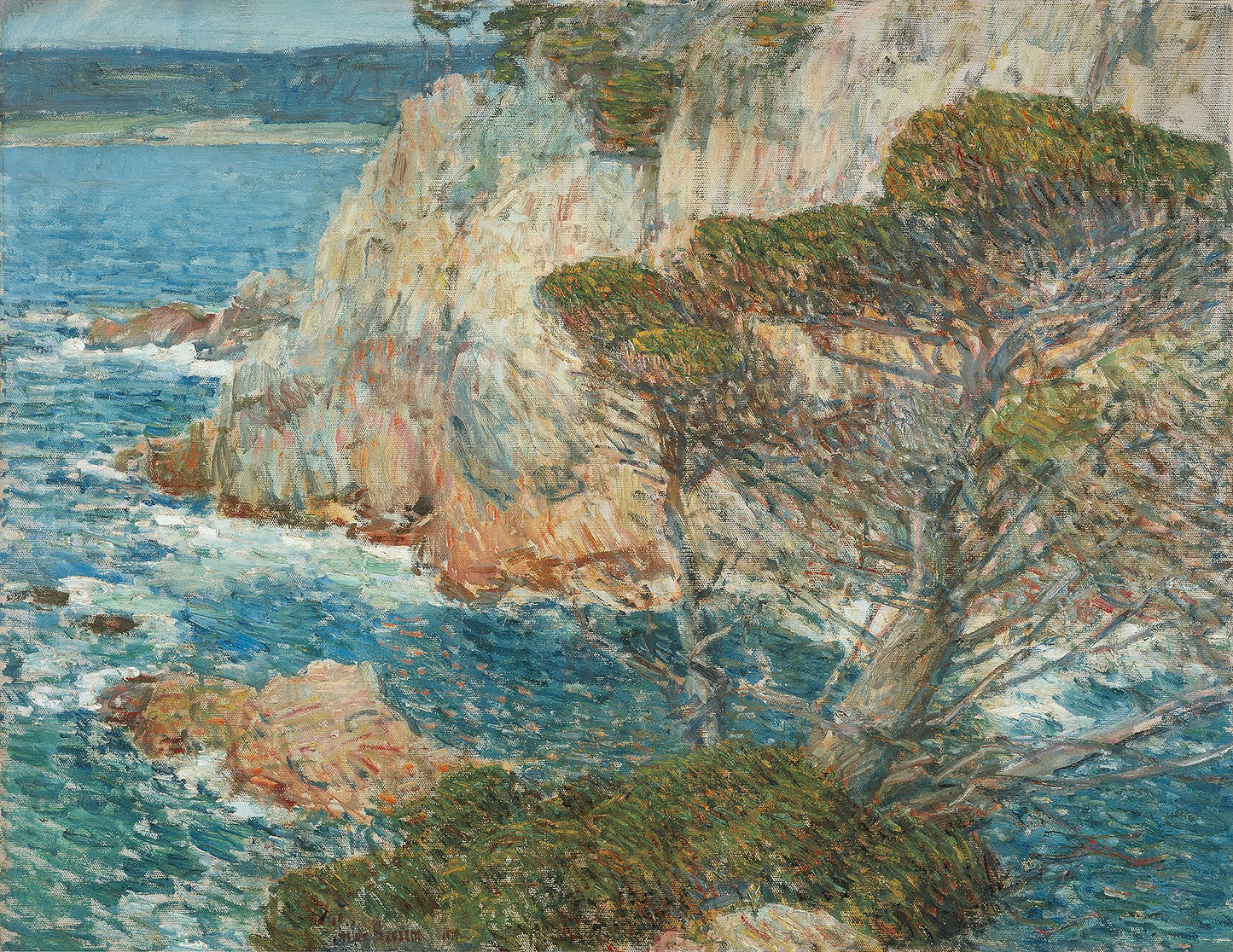 Oil painting of Point Lobos, Carmel by Childe Hassam, featuring Monterey cypress trees clinging to warm coastal cliffs above a brilliant blue sea at Point Lobos, California.