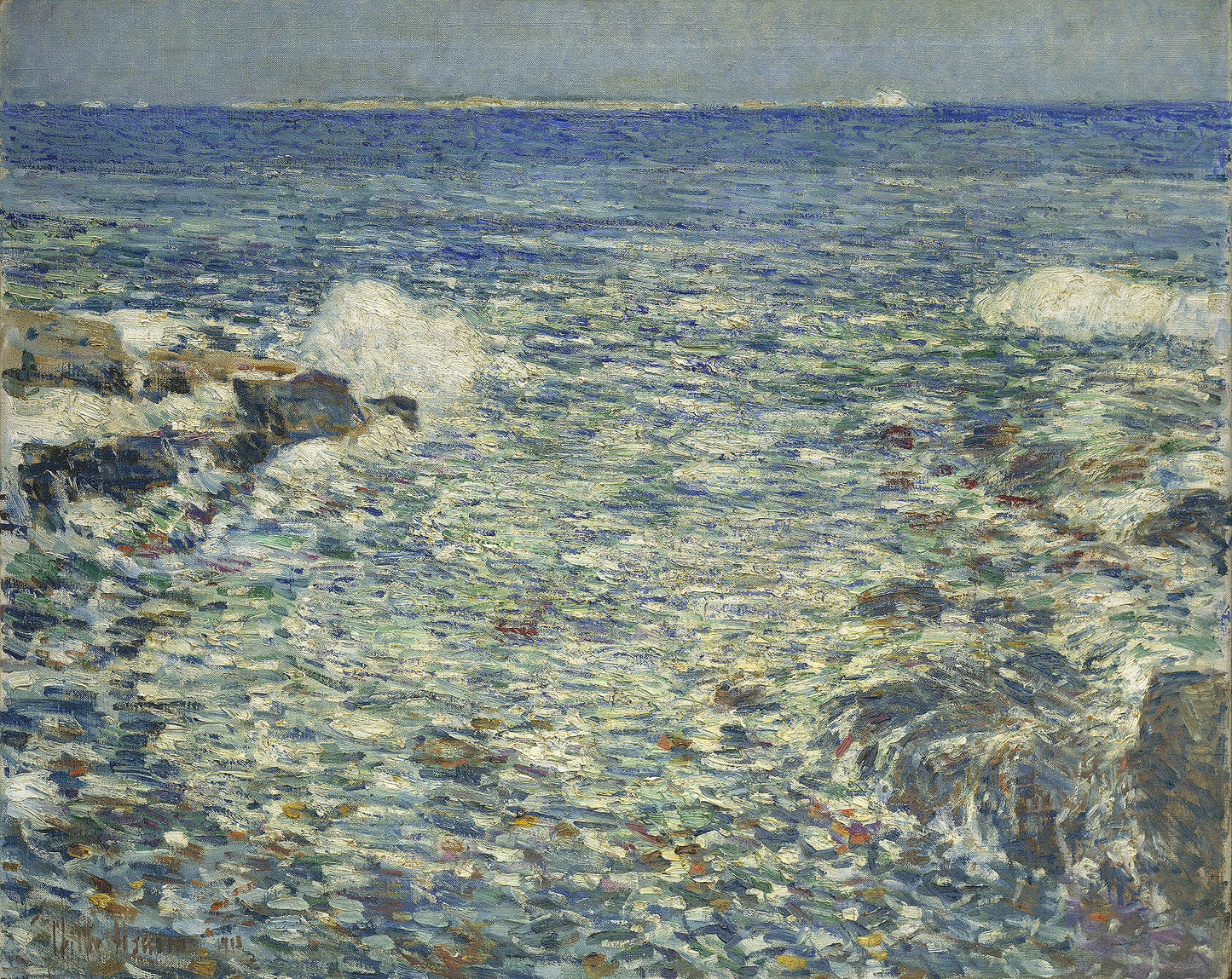 Oil painting of Surf, Isles of Shoals by Childe Hassam, featuring breaking waves and white surf against rocky outcrops at the Isles of Shoals in vivid blue-green Impressionist strokes.