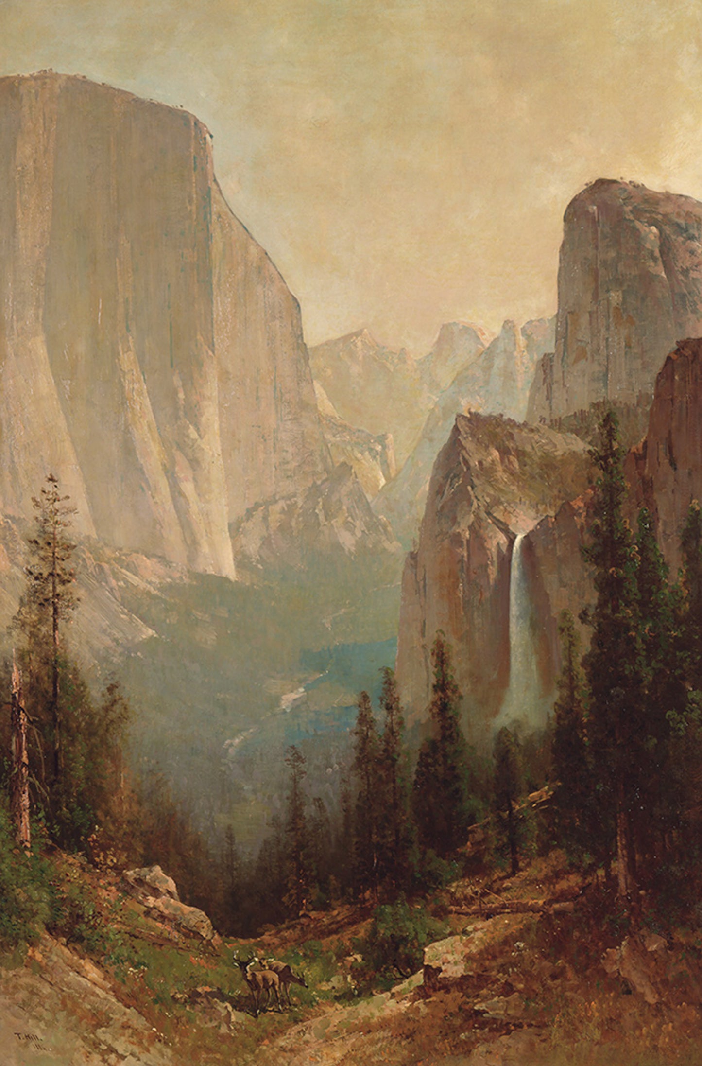 Oil painting of Early Morning, Yosemite Valley by Thomas Hill, featuring El Capitan on the left and Bridalveil Fall on the right with deer grazing in the foreground scrub under a warm golden morning sky.