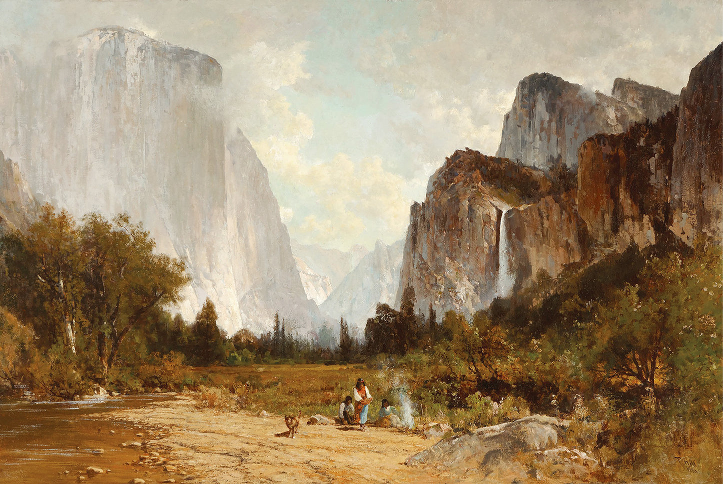 Oil painting of Yosemite Valley by Thomas Hill, featuring El Capitan and sheer granite walls flanking a sunlit valley floor where Native American figures rest by a campfire beside a river.