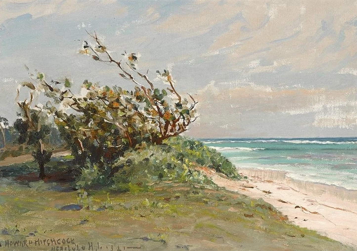Oil painting of Hawaiian Beach Scene by D. Howard Hitchcock, featuring a windswept coastal tree over white sand and turquoise surf on an Oahu shoreline.