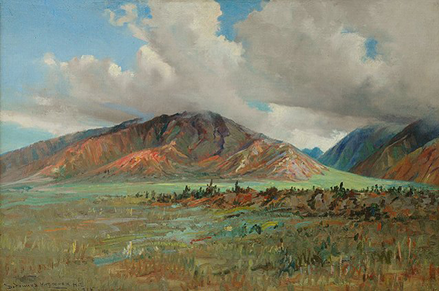 Oil painting of Valley Isle Scene by D. Howard Hitchcock, featuring vivid red and ochre volcanic slopes of West Maui above a broad valley floor of taro fields and tropical vegetation.