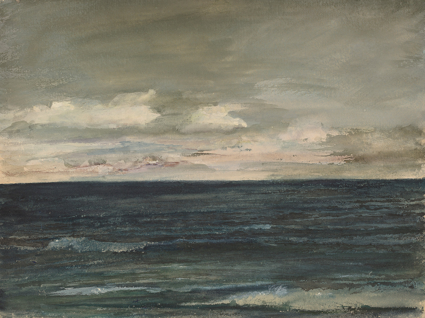 Watercolor of Lesson Study on Jersey Coast by John La Farge, featuring dark rolling waves beneath a wide overcast sky with pale pink light at the horizon.