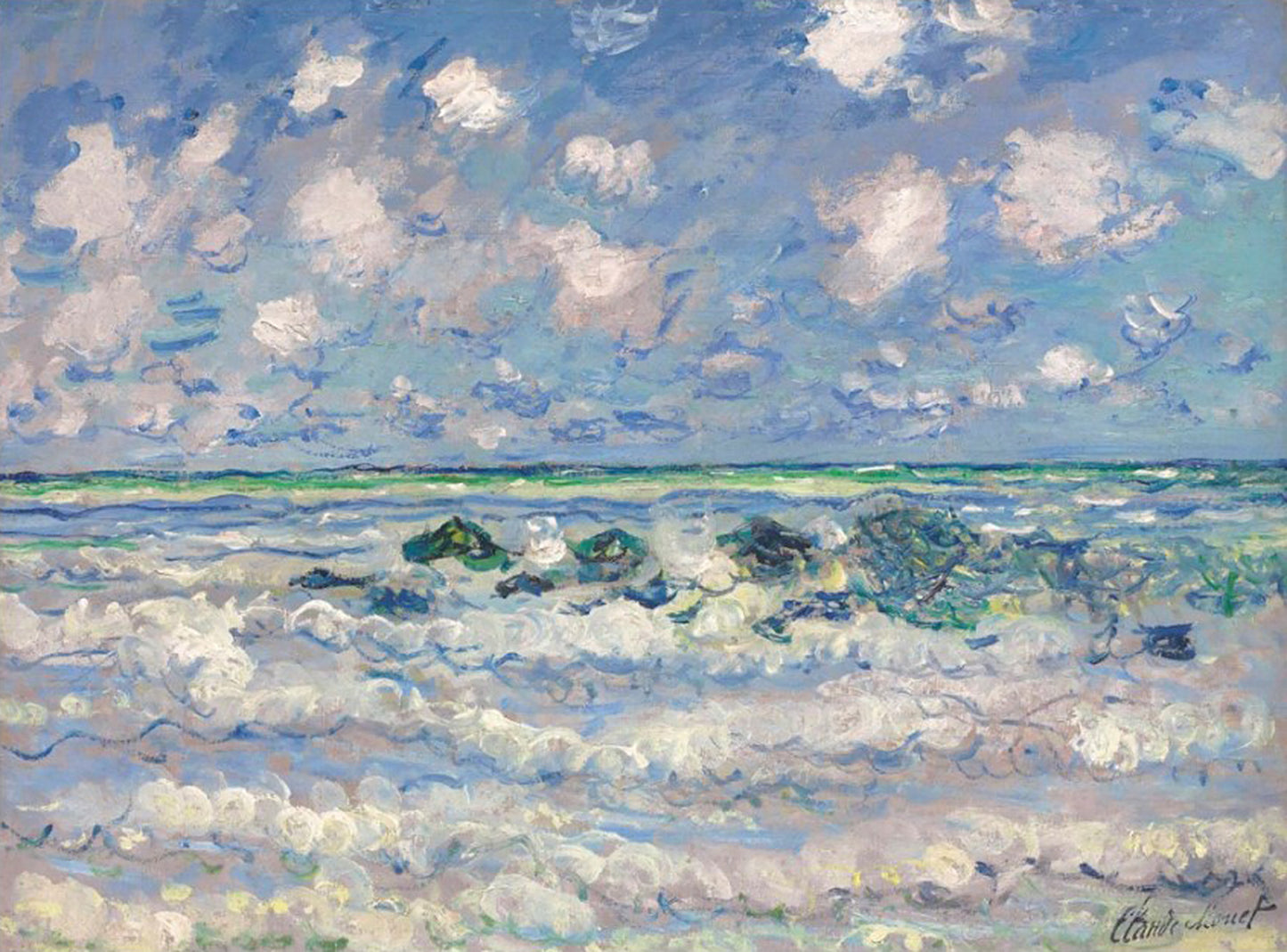 Oil painting of La Vague (The Wave) by Claude Monet, featuring crashing white surf over dark submerged rocks beneath a bright, cloud-billowing sky.