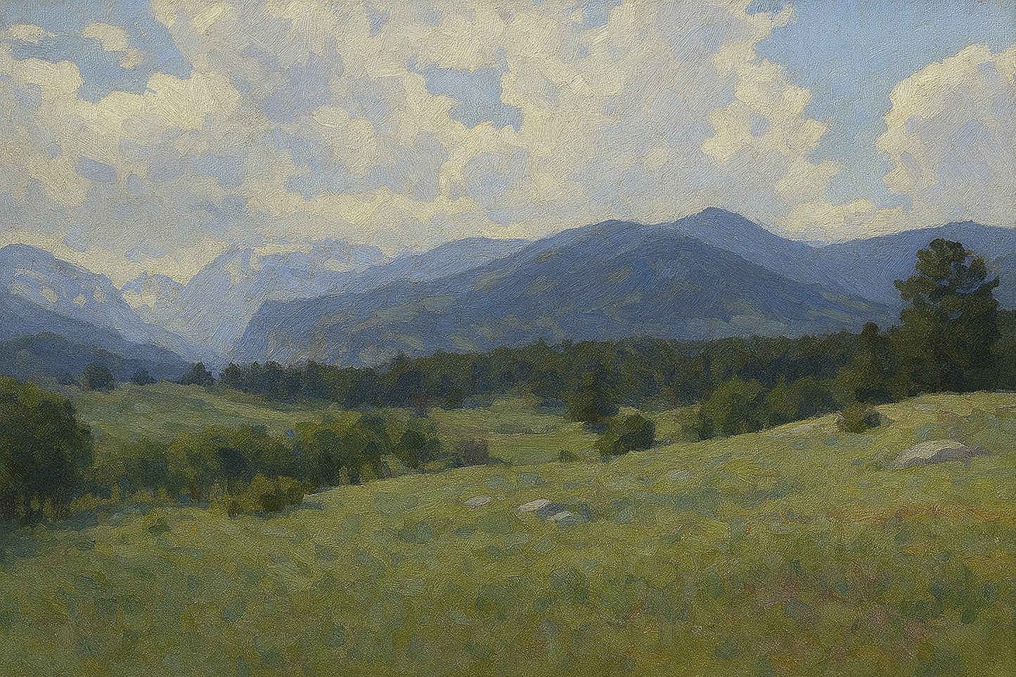 Rolling green summer meadow with scattered pines and a deep blue mountain beneath dramatic cumulus clouds.