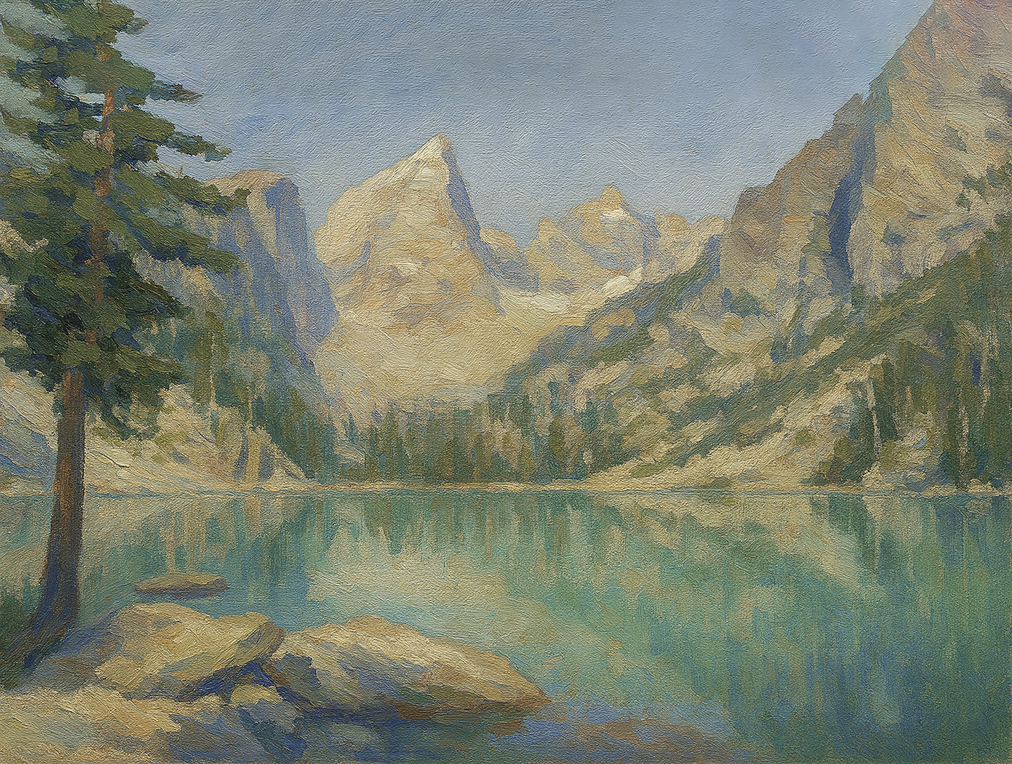 Turquoise lake reflecting soaring Teton peaks with boulders and a lone pine in the foreground.
