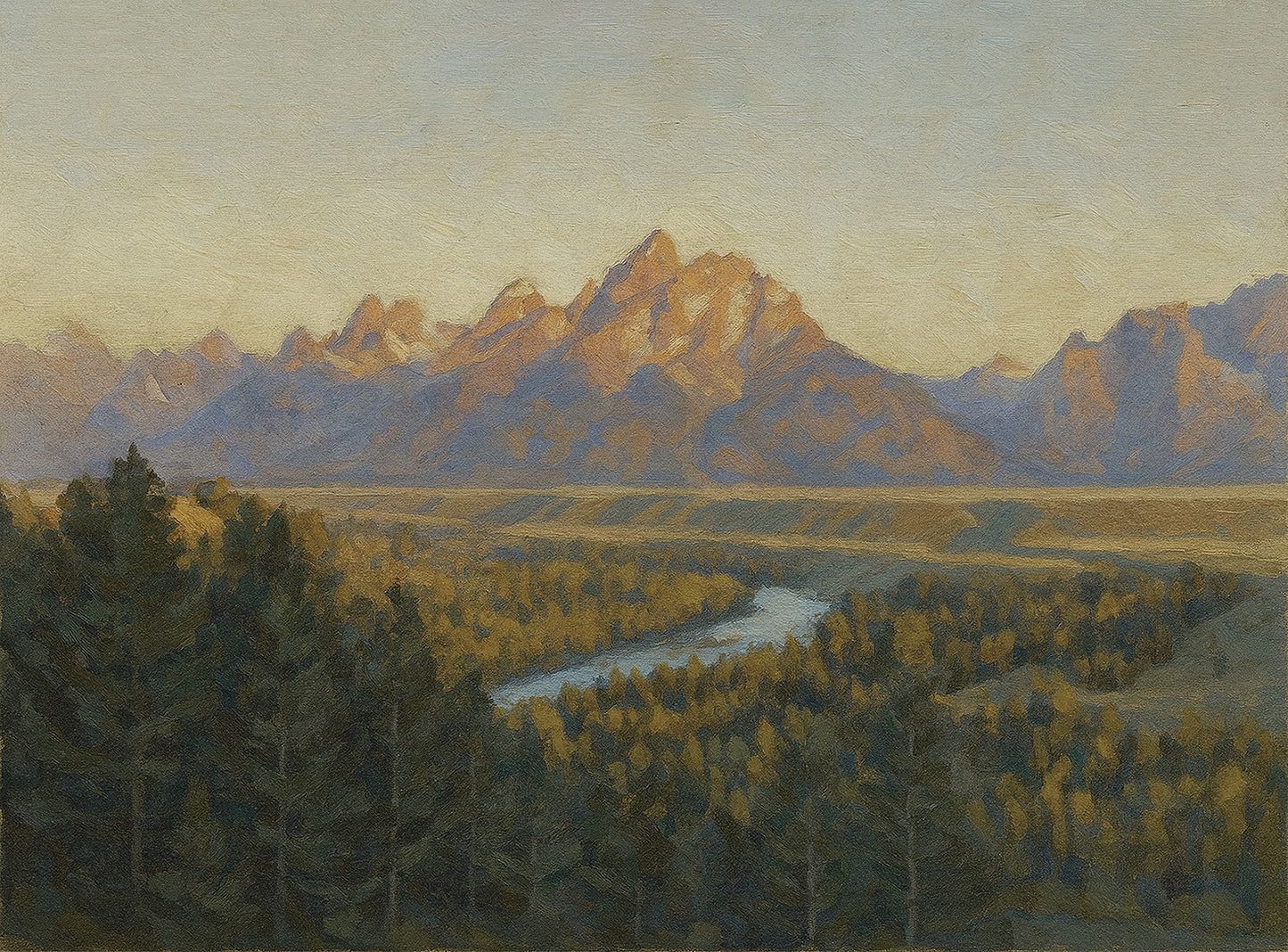 Snake River winding through a golden autumn valley with the amber-lit Teton Range rising beyond.