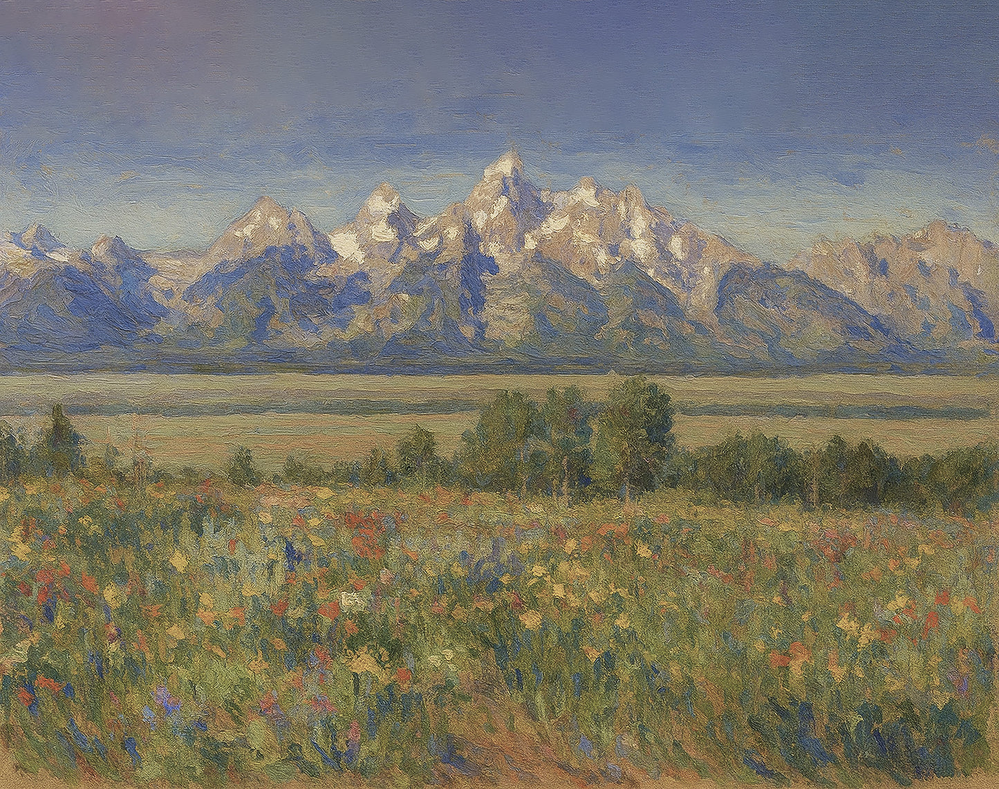 Sweeping meadow of red, yellow, and blue wildflowers with the full snow-capped Teton Range under a dramatic blue-purple sky.