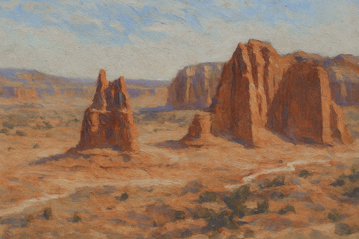 Cathedral Valley opening into a vast desert plain with wind-carved monoliths rising from sunlit slickrock.