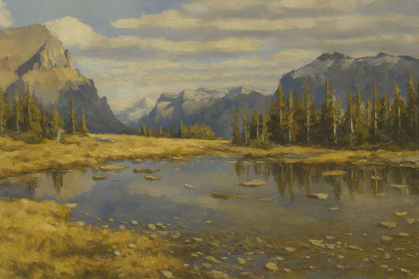 Still alpine pond reflecting golden grasses, dark evergreens, and distant mountains at Logan Pass.