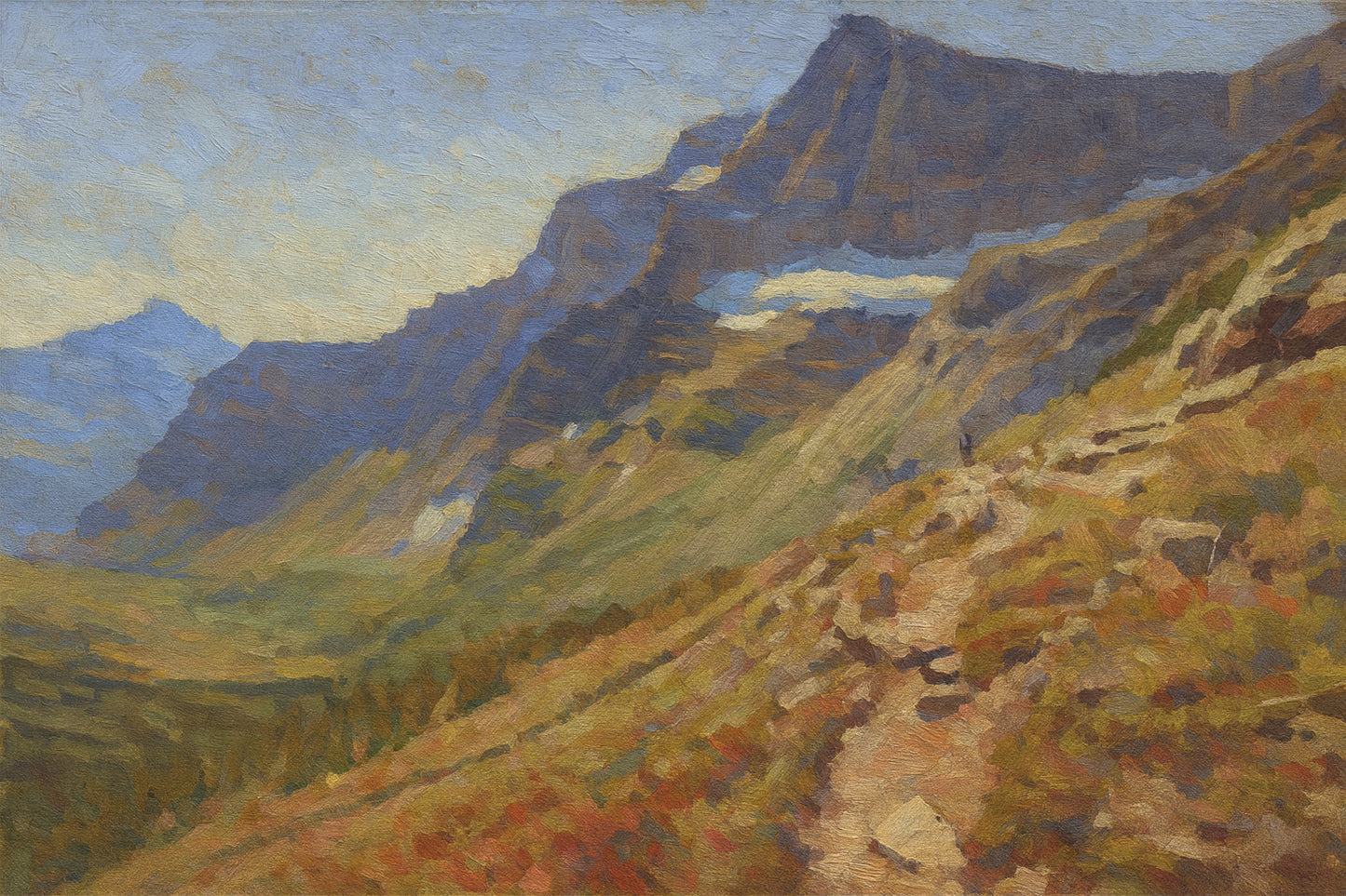 Hikers on the Highline Trail dwarfed by the sheer rock face of the Garden Wall with a vast hazy valley stretching below.