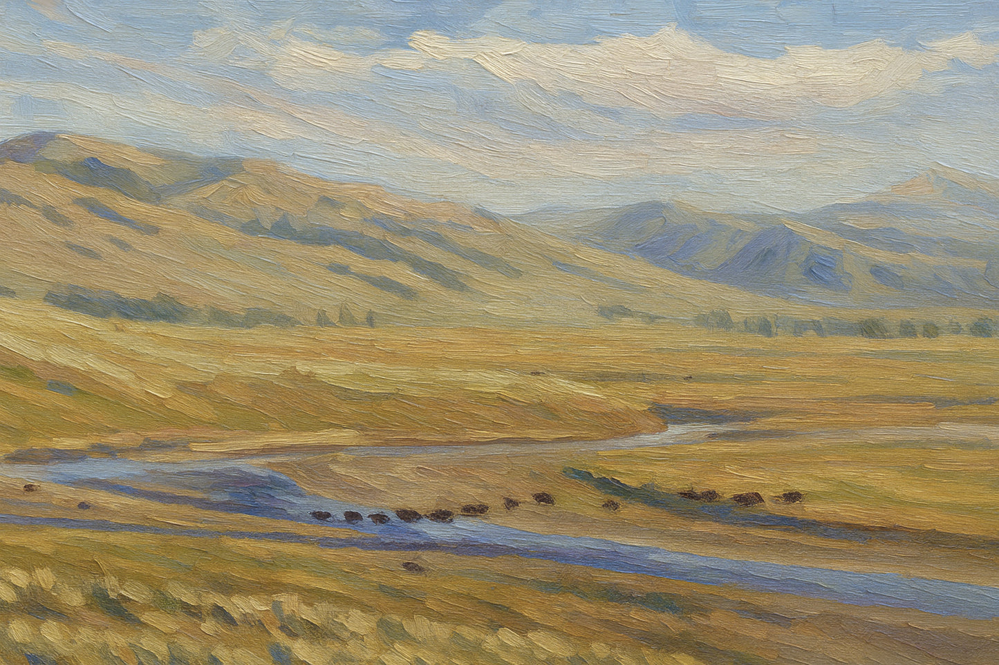 Solitary bison grazing in a golden valley beneath blue mountains with atmospheric haze in the distance.