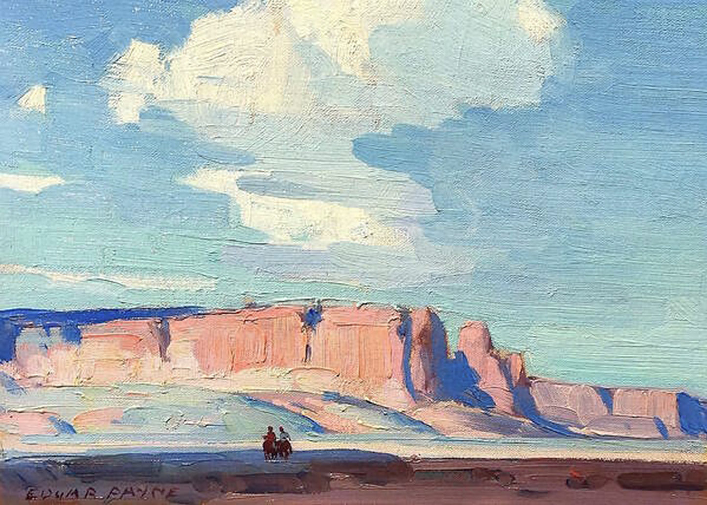Oil painting of Arizona Clouds by Edgar Payne, featuring two tiny riders before a low band of glowing pink and terracotta desert mesas under an enormous luminous blue Arizona sky.