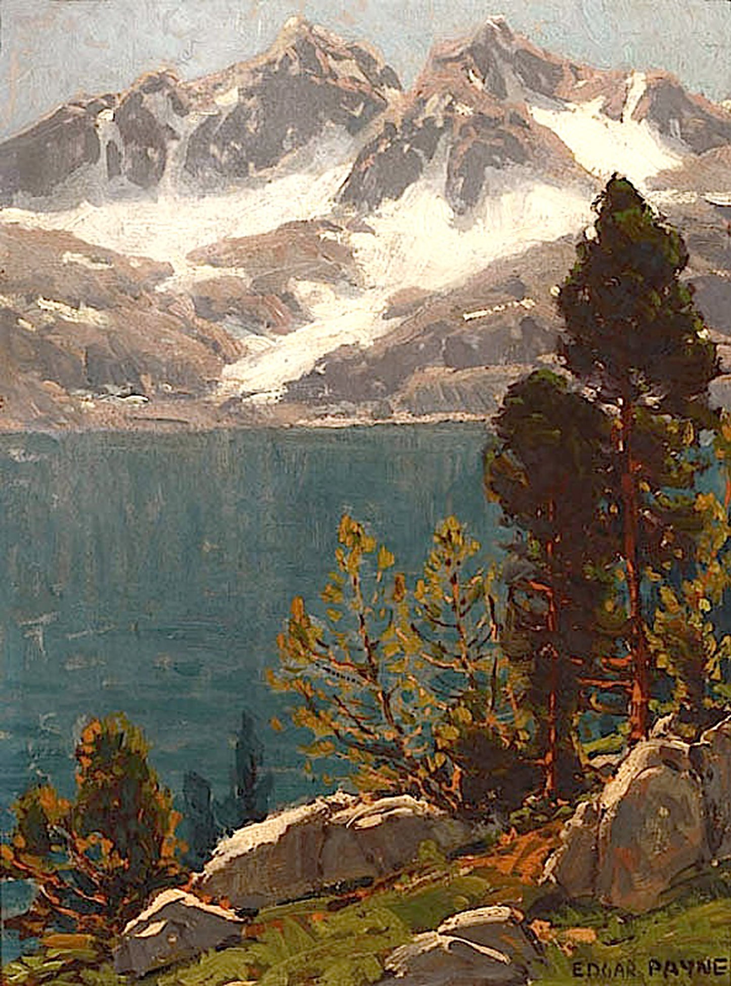 Oil painting of Azure Lake by Edgar Payne, featuring a jewel-bright teal alpine lake between golden-leafed foreground pines and a jagged snow-and-glacier-streaked Sierra Nevada ridgeline above.