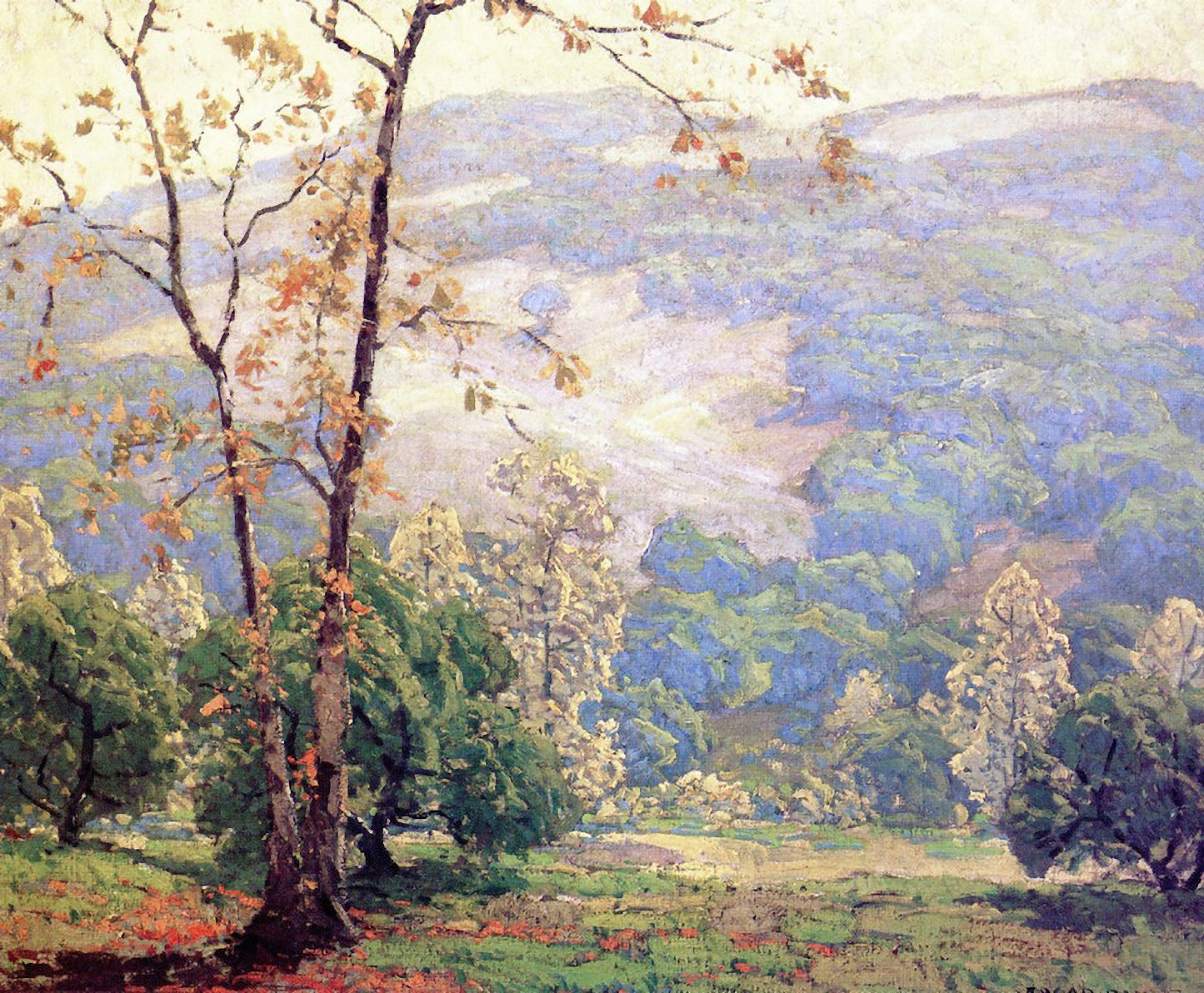Oil painting of Capistrano Canyon by Edgar Payne, featuring tall trees in autumn gold and orange framing a misty soft green hillside in a quiet California canyon.