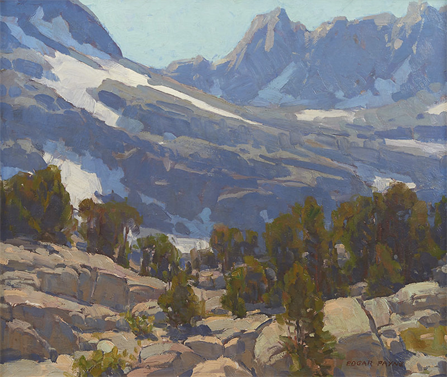 Oil painting of High Sierra by Edgar Payne, featuring large granite boulders and scrub pines in the foreground with dramatic snow-covered Sierra Nevada peaks receding in blue shadow.