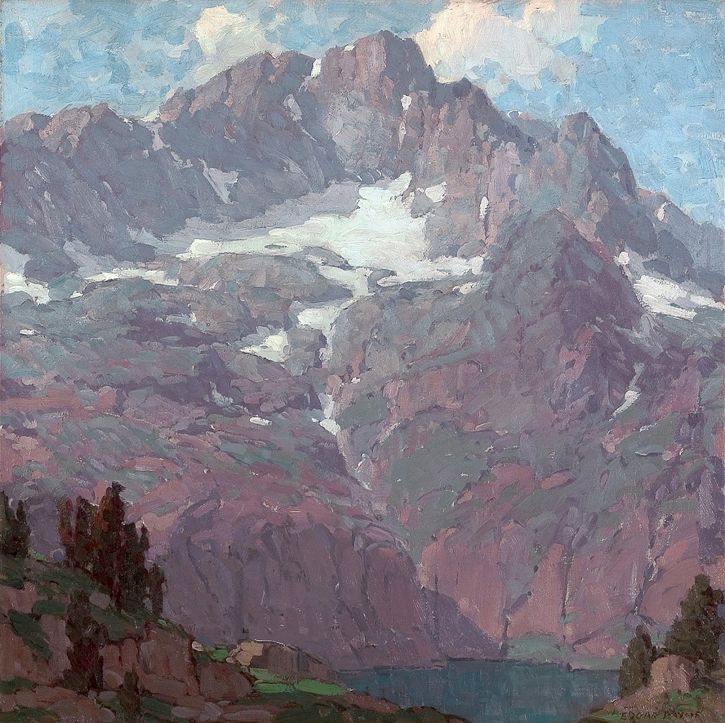 Oil painting of High Sierras by Edgar Payne, featuring a massive pink and grey granite Sierra Nevada peak filling nearly the entire canvas with snowfields and a narrow alpine lake at its base.