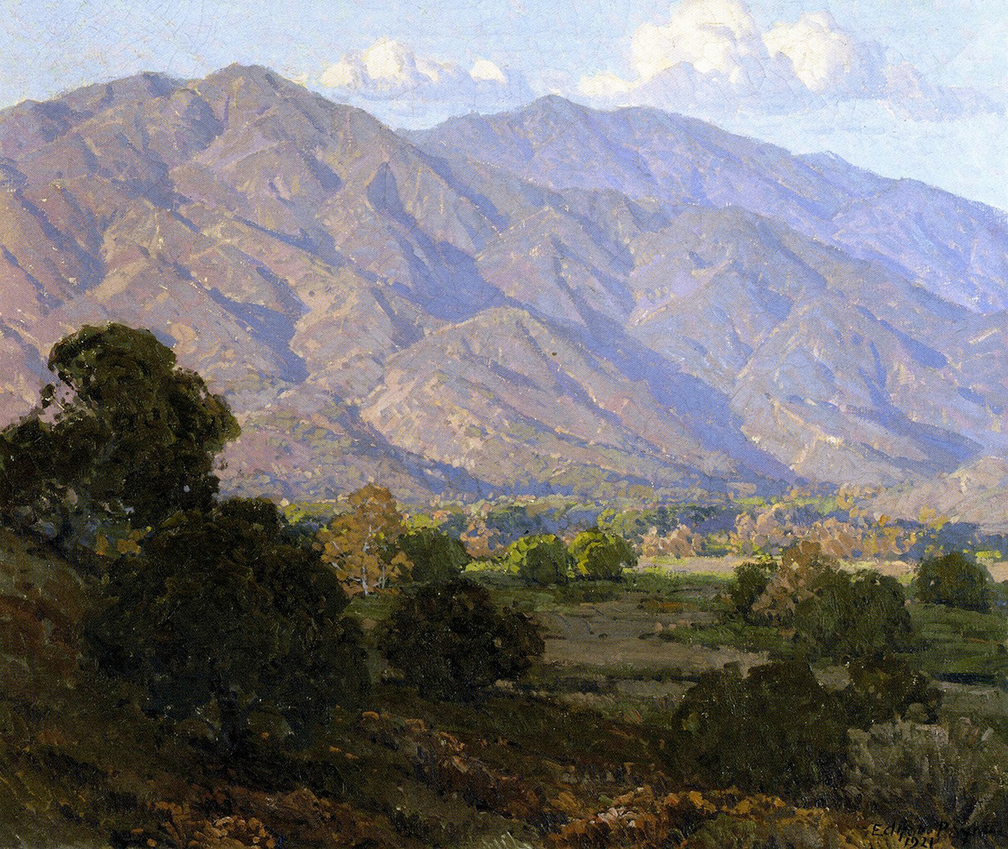 Oil painting of Hills of the Southland by Edgar Payne, featuring warm purple and gold Southern California foothills with oak trees casting shadows across a broad valley floor.