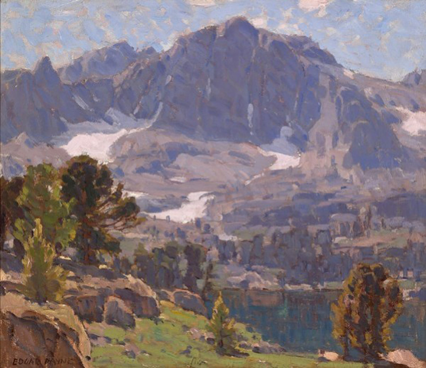 Oil painting of Sierra Lake by Edgar Payne, featuring a dark alpine lake reflecting a massive granite Sierra Nevada peak surrounded by pine trees and boulders under a broken cloud sky.