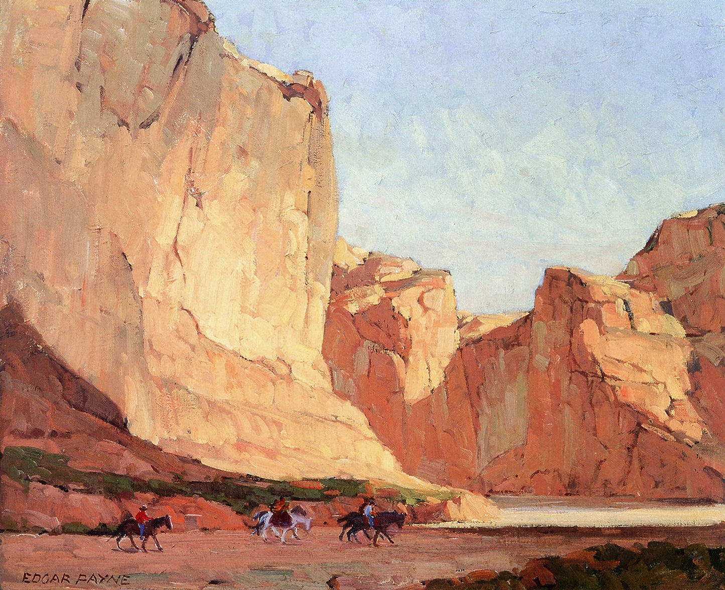 Oil painting of Turn in Canyon de Chelly by Edgar Payne, featuring Navajo riders rounding a bend below towering warm golden sandstone canyon walls in afternoon light.