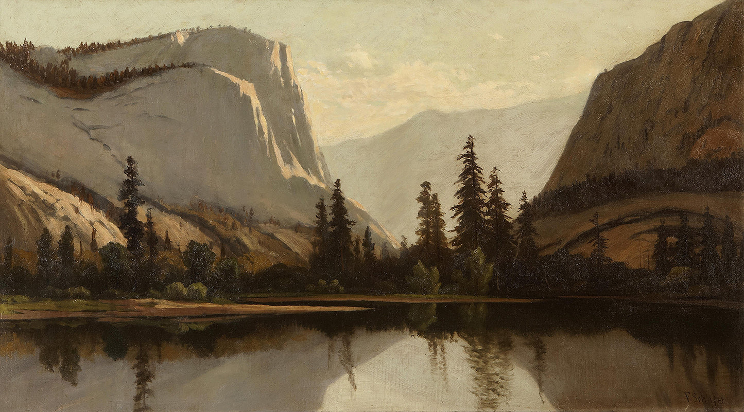 Oil painting of Yosemite from the Merced by Frederick Schafer, featuring El Capitan and Yosemite Valley's granite walls reflected in the still Merced River with dark silhouetted pines in the foreground.