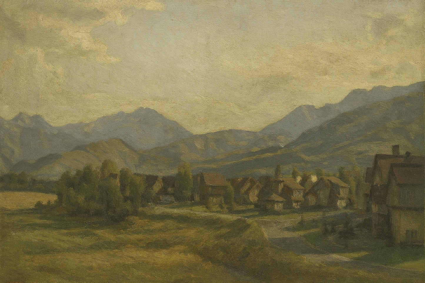 Soft Midway backroad near the Valais neighborhood with open fields and winding paths leading toward the mountains.