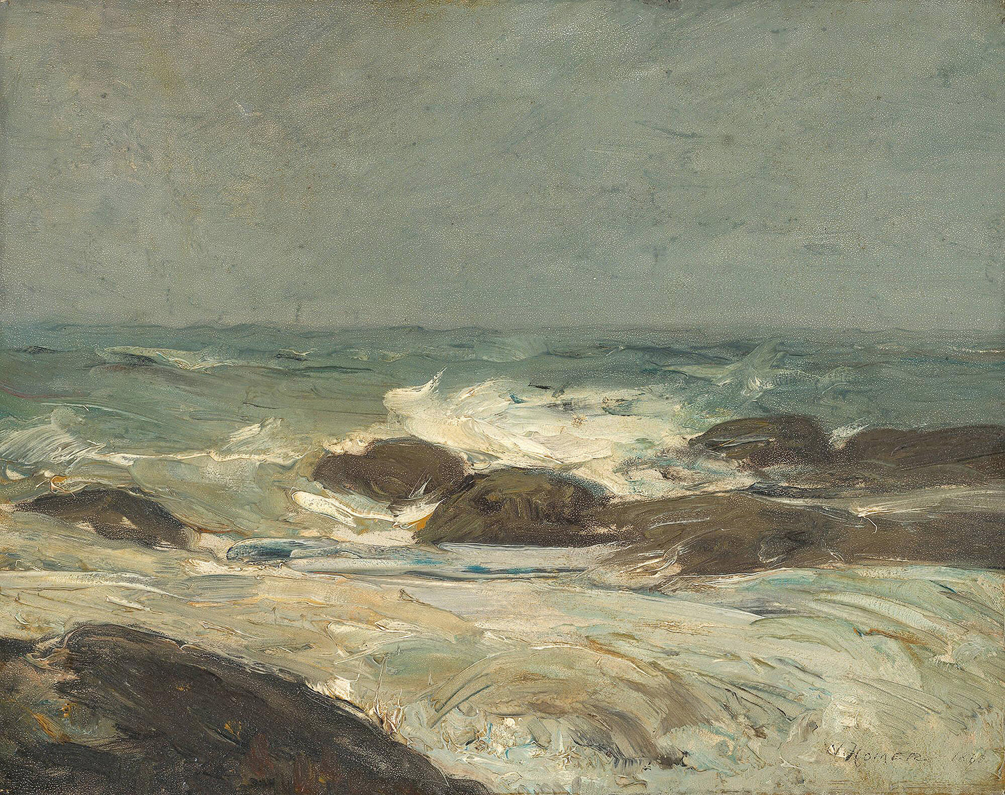 Oil painting of Rocky Coast by Winslow Homer, featuring breaking waves and white foam surging across dark low-lying rocks under a grey overcast sky.