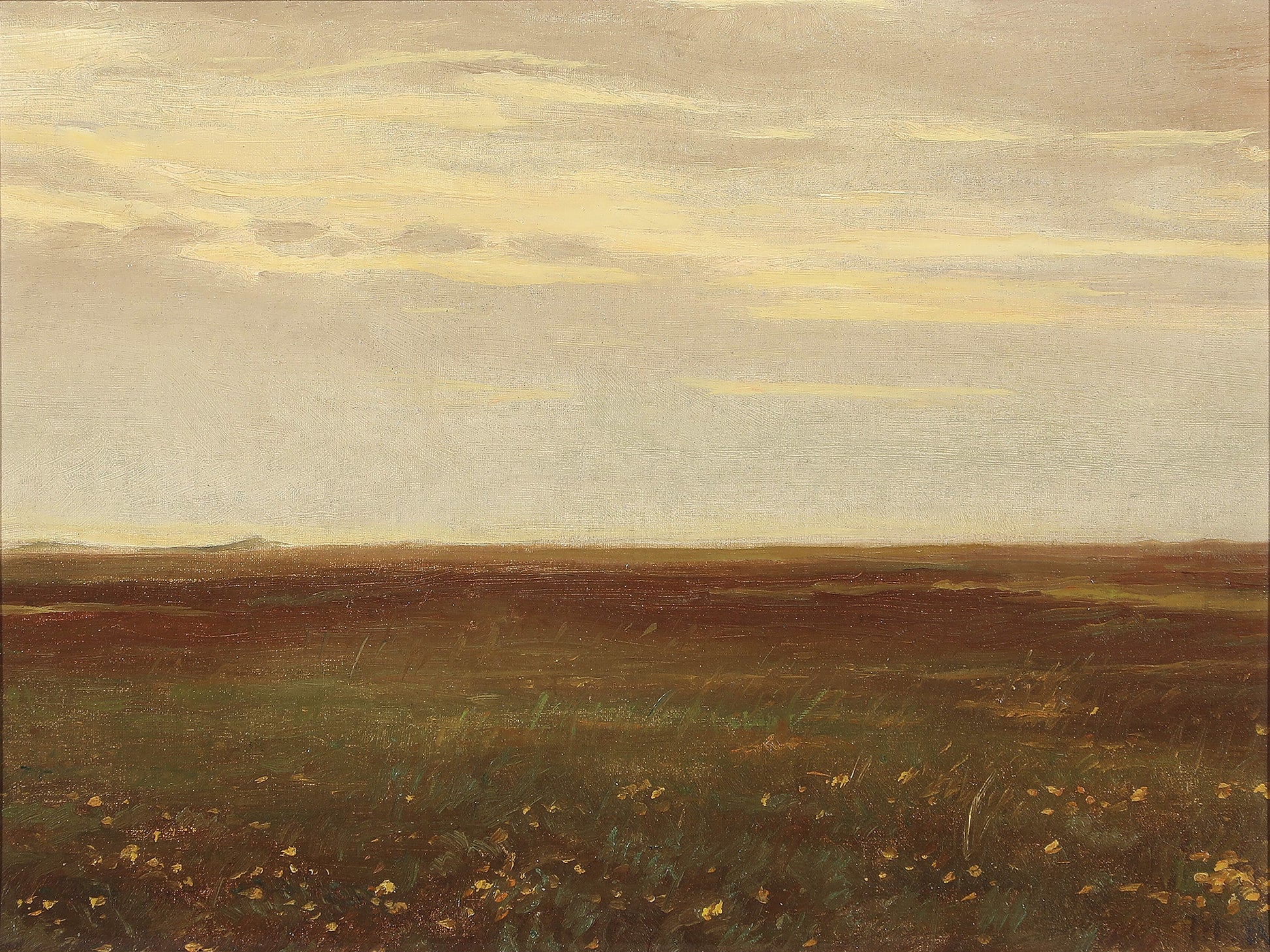 Oil painting of Landskab med Markblomster by Michael Ancher, featuring a wide flat Danish heath stretching to a distant horizon under a vast pale sky with yellow wildflowers in the foreground grass.
