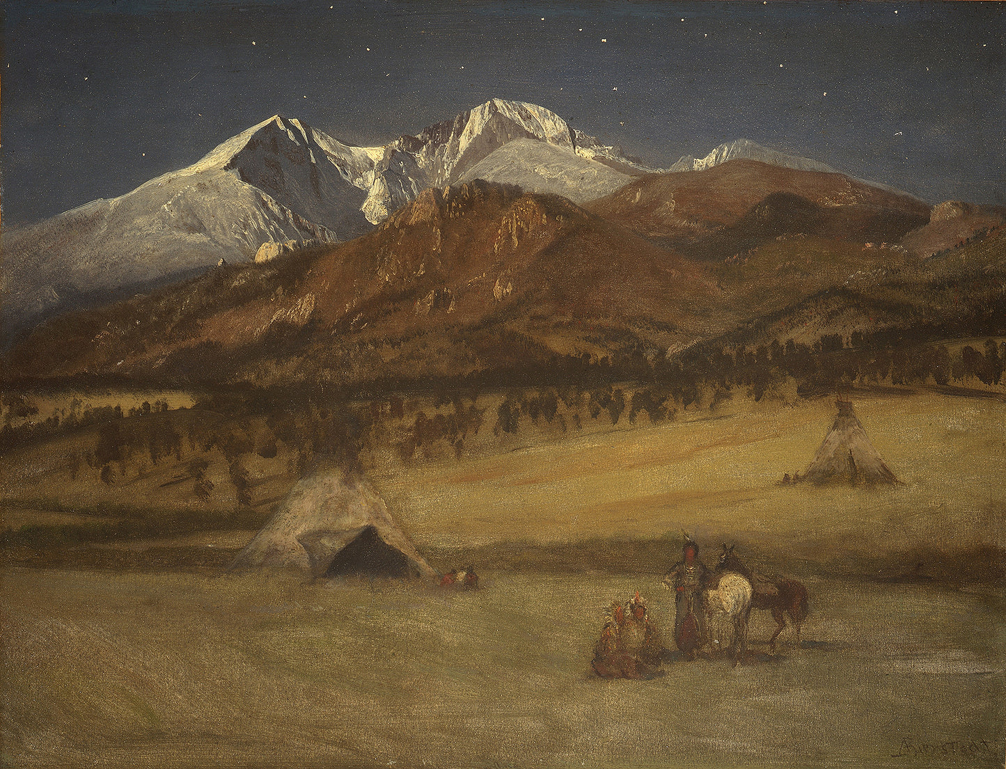 Oil painting of Indian Encampment, Evening by Albert Bierstadt, featuring tipis and figures on a moonlit valley floor with snow-capped Rocky Mountain peaks rising in silver light under a star-filled night sky.