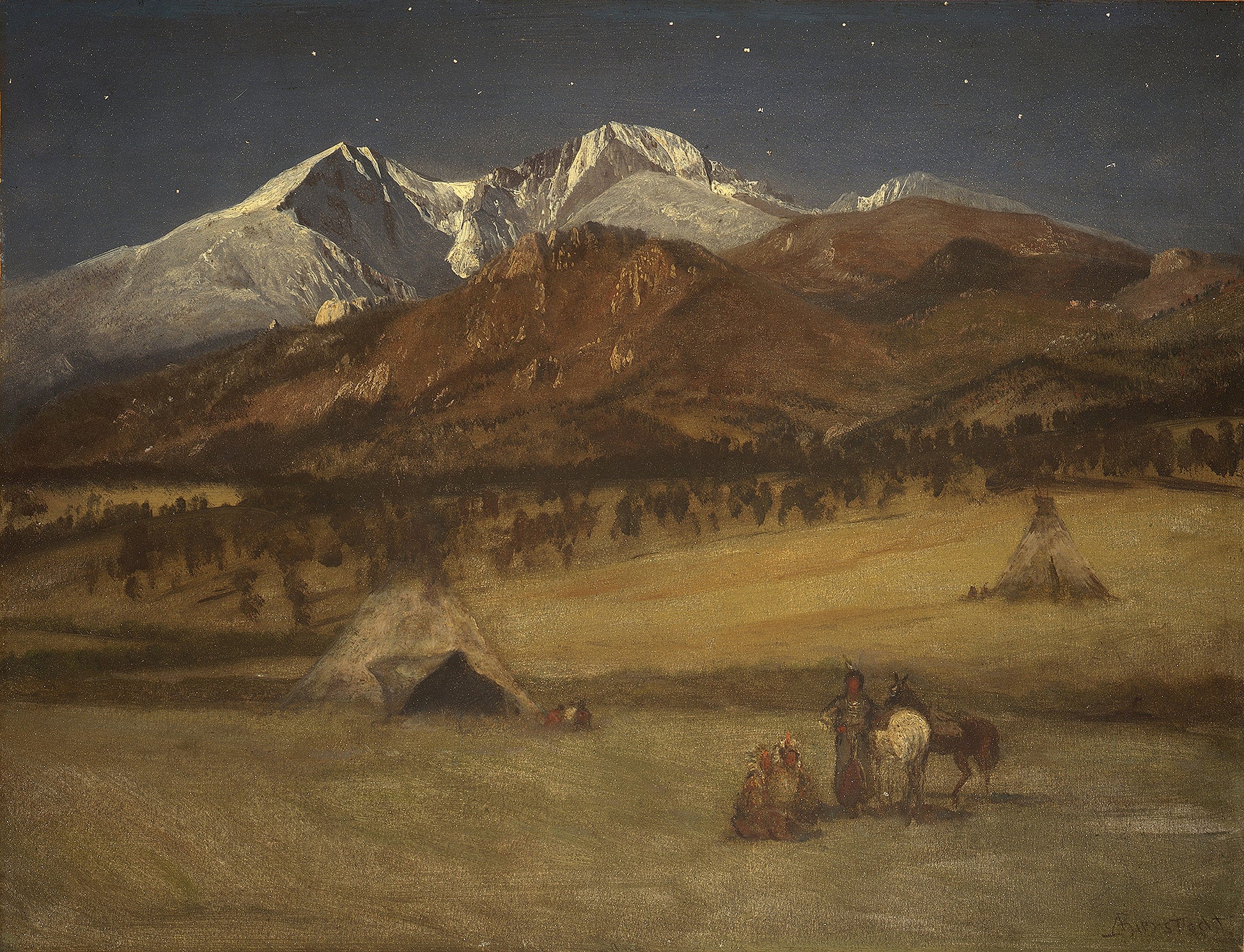 Oil painting of Indian Encampment, Evening by Albert Bierstadt, featuring tipis and figures on a moonlit valley floor with snow-capped Rocky Mountain peaks rising in silver light under a star-filled night sky.