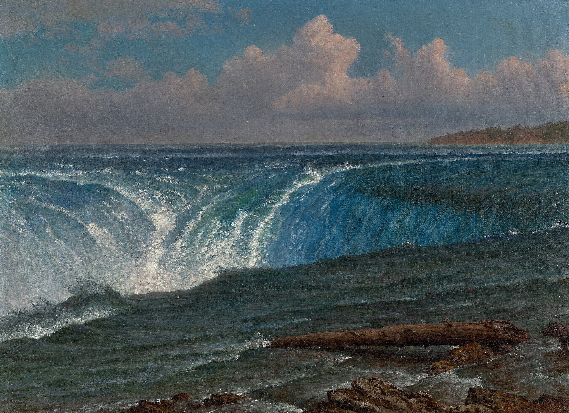 Oil painting of Niagara Falls by Albert Bierstadt, featuring the massive Horseshoe Falls roaring over the crest with mist rising into a luminous sky and a calm river stretching below.