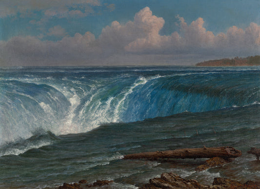 Oil painting of Niagara Falls by Albert Bierstadt, featuring the massive Horseshoe Falls roaring over the crest with mist rising into a luminous sky and a calm river stretching below.