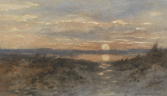 Oil painting of Landscape with Sunset by Marie Bilders-van Bosse, featuring a vast heath landscape with a pale sun setting near the horizon and its reflection in a still pool below, under a cloud-streaked sky in peach and grey.
