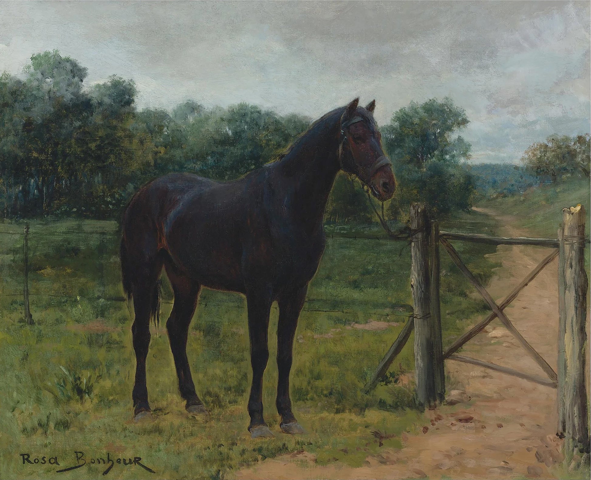 Oil painting of Horse Tied to a Gate by Rosa Bonheur, featuring a dark bay horse standing beside a weathered wooden gate in a green meadow with a treeline and overcast sky behind it.