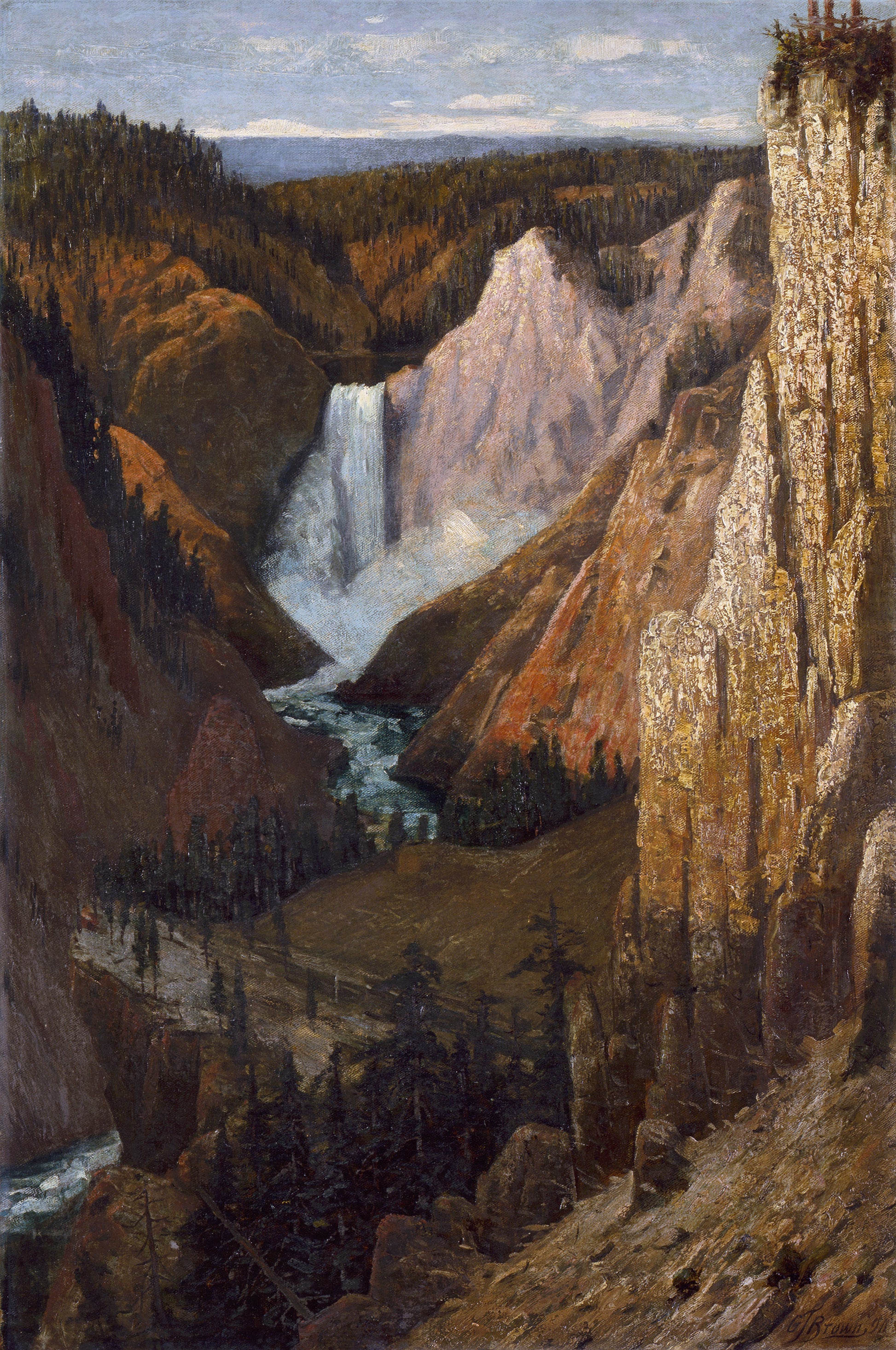Oil painting of Lower Falls, Grand Canyon of the Yellowstone by Grafton Tyler Brown, featuring the Lower Falls plunging into orange and gold canyon walls with the Yellowstone River threading through dense forest below.