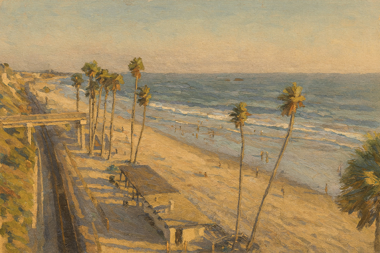 Train tracks tracing the San Clemente shoreline with the southwest horizon glowing over the Pacific near sunset.