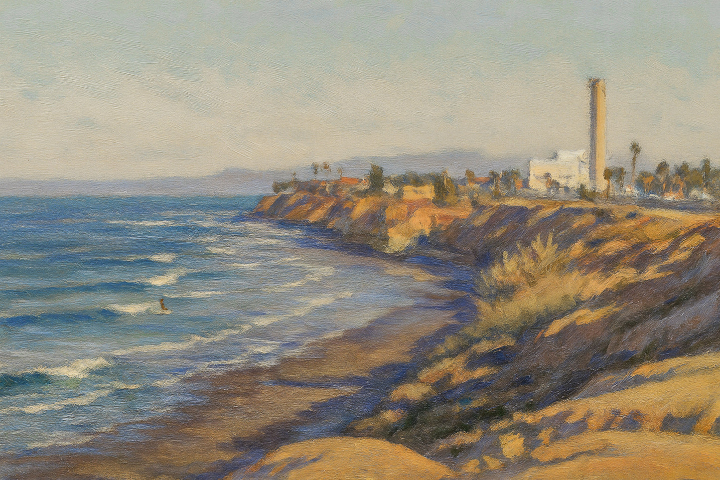 Terramar cliffs in Carlsbad with the ocean below, surf, and the power plant silhouette on the horizon.