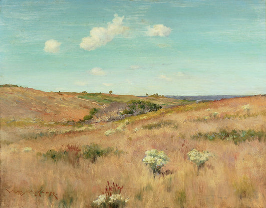 Oil painting of Shinnecock Hills, Long Island by William Merritt Chase, featuring warm golden grasses and scrubby heath rolling toward a distant Atlantic horizon under a bright blue summer sky.