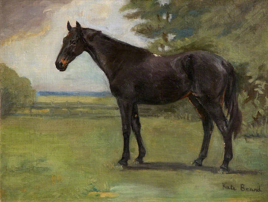 Oil painting of 'Clare', A Dark Bay Horse by Katherine Louisa Beard, featuring a sleek dark bay horse standing in a green paddock with trees and open countryside behind it under a dramatic sky.