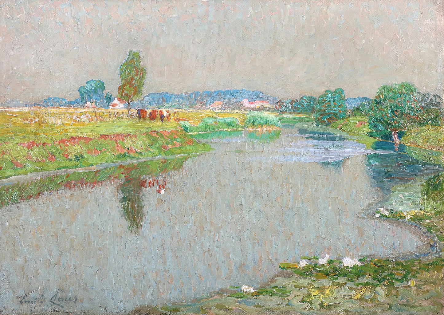 Oil painting of De Leie (The River Lys) by Emile Claus, featuring the River Lys in summer with cattle at the water's edge, lily pads in the foreground shallows, and a luminous Flemish valley in the distance.