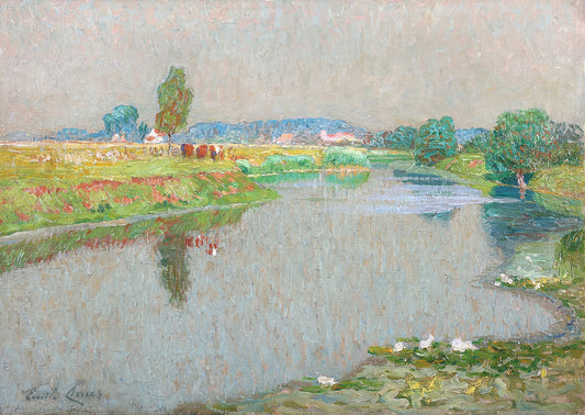 Oil painting of De Leie (The River Lys) by Emile Claus, featuring the River Lys in summer with cattle at the water's edge, lily pads in the foreground shallows, and a luminous Flemish valley in the distance.