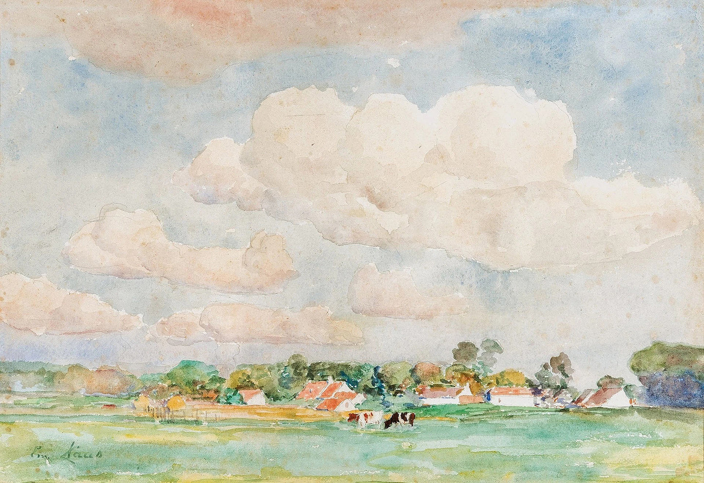Oil painting of Paysage d'Été by Emile Claus, featuring a Flemish village under a vast, billowing cloud sky with cows grazing in a green summer meadow and red-roofed farmsteads along the horizon.