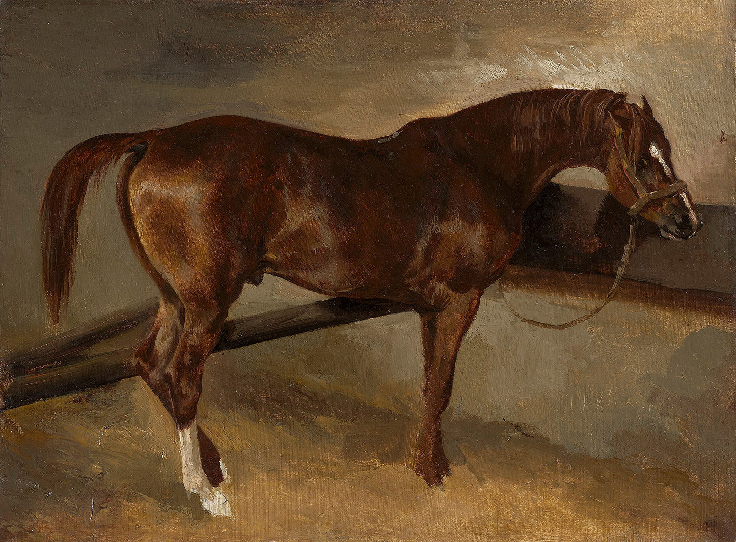 Oil painting of Dervish in His Stall by Théodore Géricault, featuring a chestnut horse standing in a stable interior, its coat gleaming in warm light against a neutral ground with a feed trough behind it.