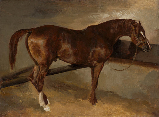 Oil painting of Dervish in His Stall by Théodore Géricault, featuring a chestnut horse standing in a stable interior, its coat gleaming in warm light against a neutral ground with a feed trough behind it.