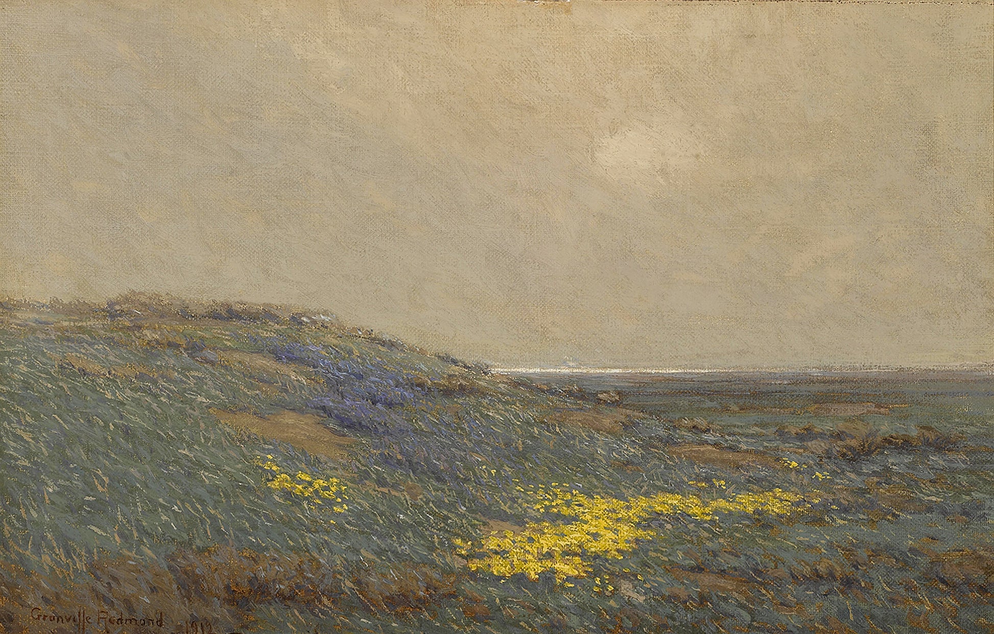 Oil painting of Coastal Wildflowers by Granville Redmond, featuring yellow and violet wildflowers carpeting a coastal California bluff sloping toward a calm grey sea under a pale overcast sky.