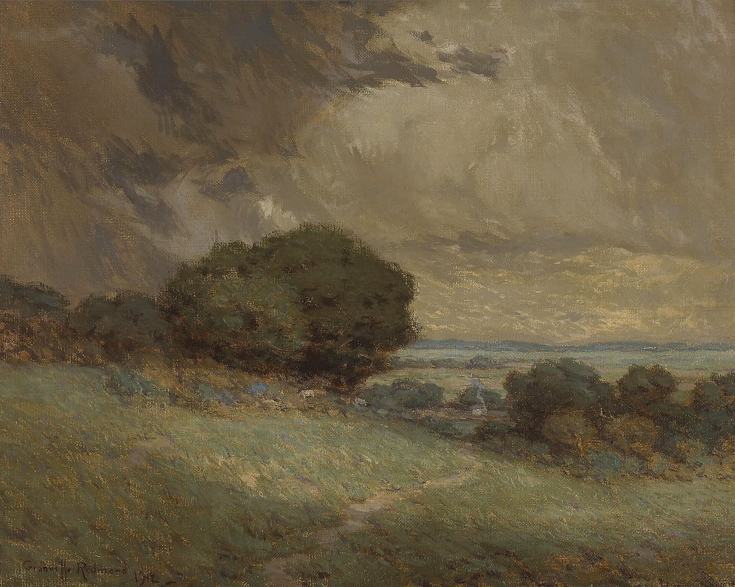 Oil painting of The Passing Storm by Granville Redmond, featuring rolling California hills and oak trees under a dramatic sky of dark storm clouds breaking open to pale light at the horizon.